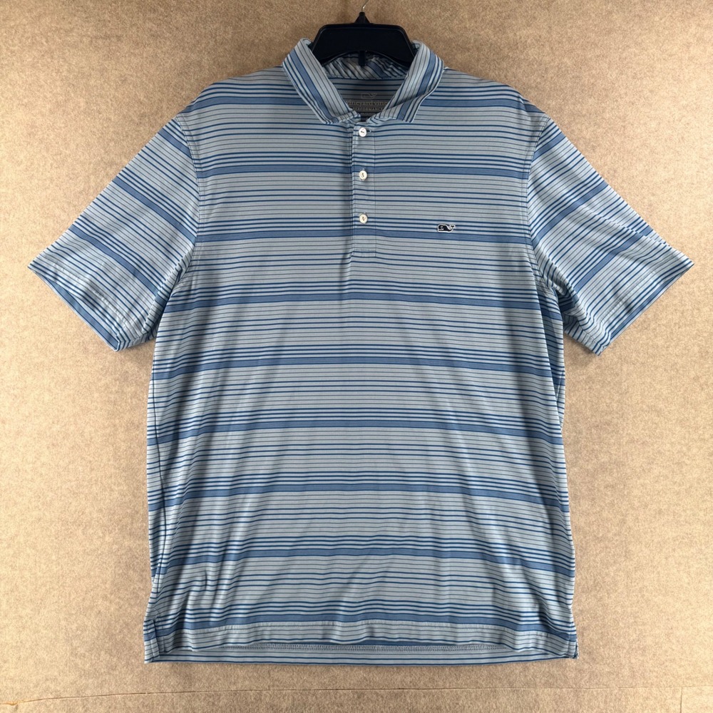 Vineyard Vines Performance Polo L Blue Striped Short Sleeve Golf‎ Shirt 1K2151
